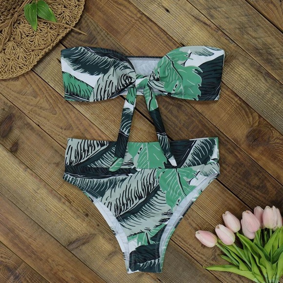 🌴SHIPS NOW🌴 Leaf Print Tie Bandeau Bikini - Picture 4 of 8